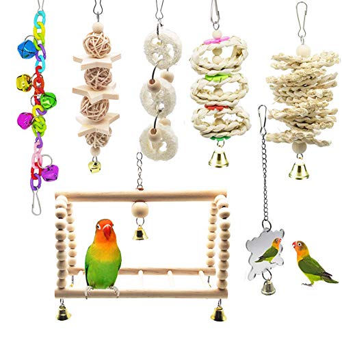 ESRISE 7 Pcs Bird Parrot Toys, Natural Wood Hanging Bell Pet Bird Cage Hammock Swing Climbing Ladders Wooden Perch Mirror Chewing Toy for Conures, Love Birds, Small Parakeets Cockatiels, Macaws