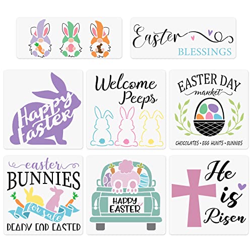 8Pcs Easter Stencils for Painting on Wood,12 X 12 Inch Large Reusable Easter Stencils Including Happy Easter/Welcome Peeps/Gnome/ Easter Bunny Stencil for Wood Sign DIY Crafts Home Decor