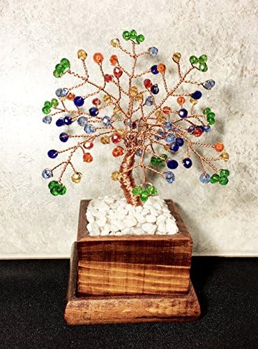 Chakra Crystal Bonsai Tree Of Life,Feng Shui,Wire Art Décor, Healing Crystal Wire Tree Sculpture In Wood Pot, Feng Shui Crystal Tree