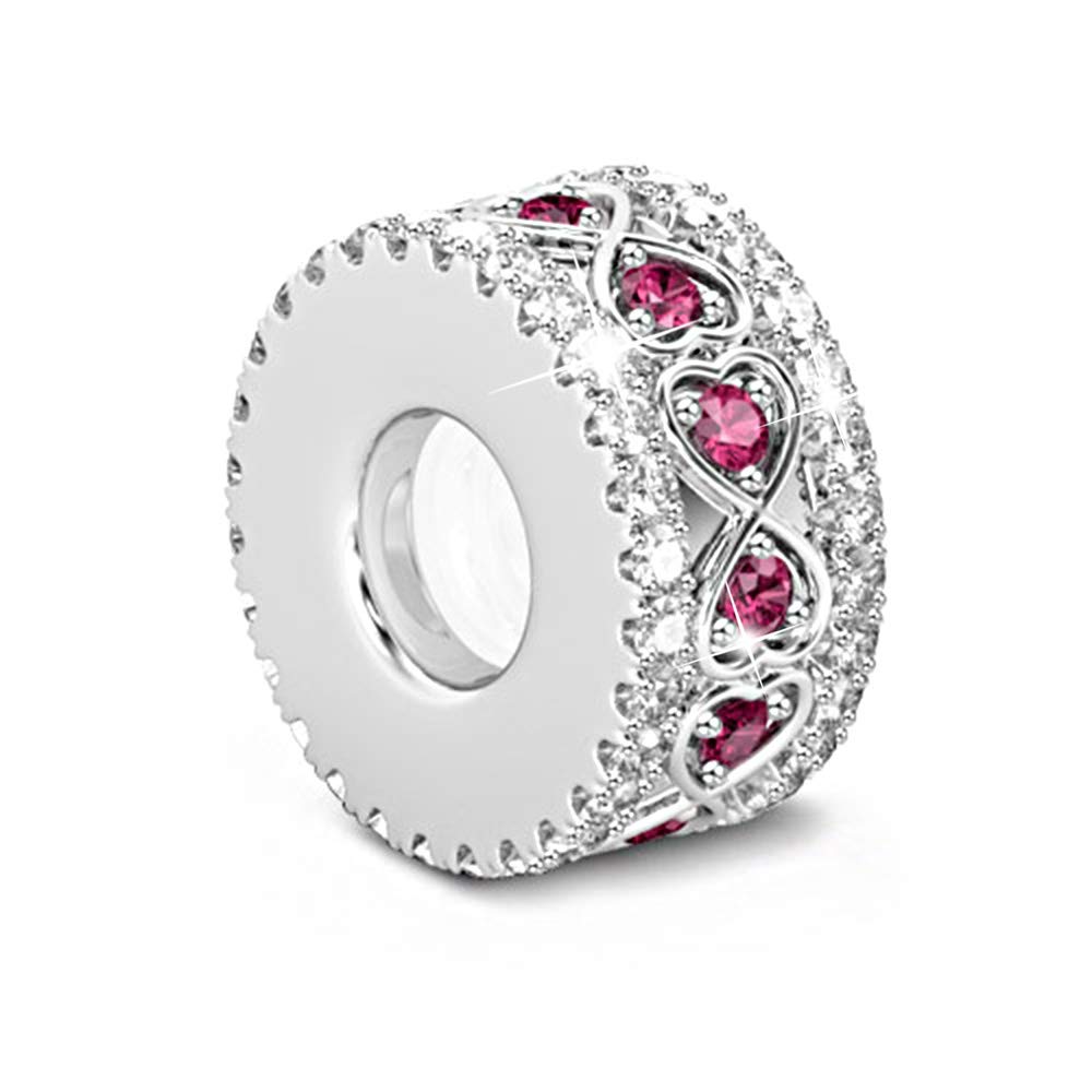 GNOCE "Be with You" Sterling Silver Rubber Spacer Charm Heart Shape Stopper Bead with Red Cubic Zirconia Fit All Charms Bracelet