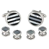 Cuff-Daddy Striped Onyx Mother of Pearl Tuxedo Formal Cufflink & Stud Set