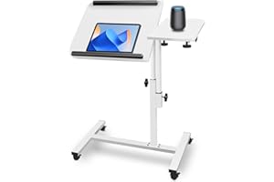 Aconcept Dual Tilt-Swivel Desktop Overbed Bed-Side Table, Adjustable Height Laptop Standing Desk with Wheels, Folding Mobile TV Dinner Tray Table, White