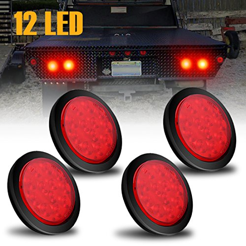 AMBOTHER 4'' Round 12-LED Truck Trailer Brake Stop Turn Marker Tail Light Flush Mount Back-Up Low Profile Light, Waterproof Tight Sealed Grommet Plug for RV Boat Truck Trailer Red DC 12V (Pack of 4)