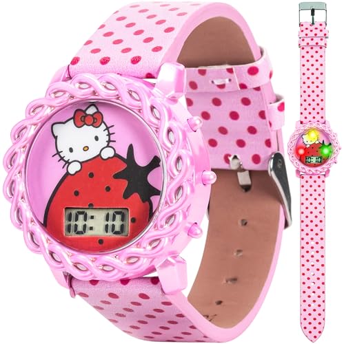 Accutime Hello Kitty Kids Digital Watch with LED Display, Pink Polka Dot PU Leather Strap, Adorable Strawberry Design, Fun Light-Up Feature, Durable & Adjustable Fit for Wrist Sizes 5.5