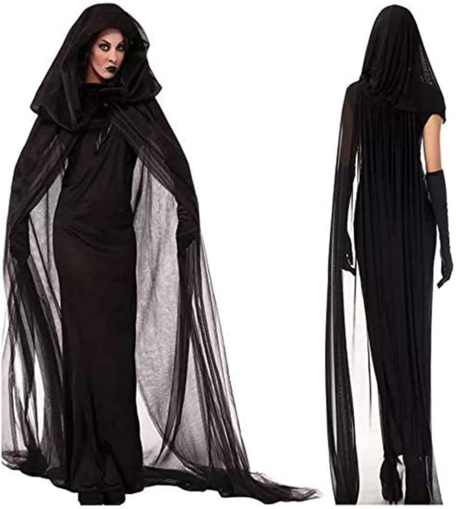 ITODA Halloween Ghost Bride Costume Full Length Corpse Bride Dress Black Gothic Vampire Outfit Zombie Wedding Dress Wicked Witch Cloak Halloween Haunted Ghost Fancy Cape