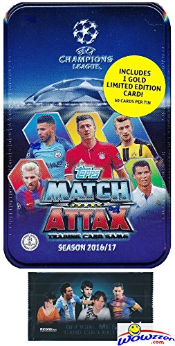 2016/2017 Topps Match Attax Champions League Soccer Collectors MEGA TIN with 60 Cards & GOLD Limited Edition Card PLUS BONUS Lionel Messi Pack! Look for Top Stars Ronaldo, Messi, Suarez, Neymar & More