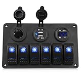 WATERWICH 6 Gang Marine Ignition Toggle Rocker Switch Panel Waterproof with Digital Voltmeter 3.1A Dual USB Charger Cigarette Lighter Socket for RV Car Boat Vehicles Truck Trailer Yacht (6 Gang Blue)