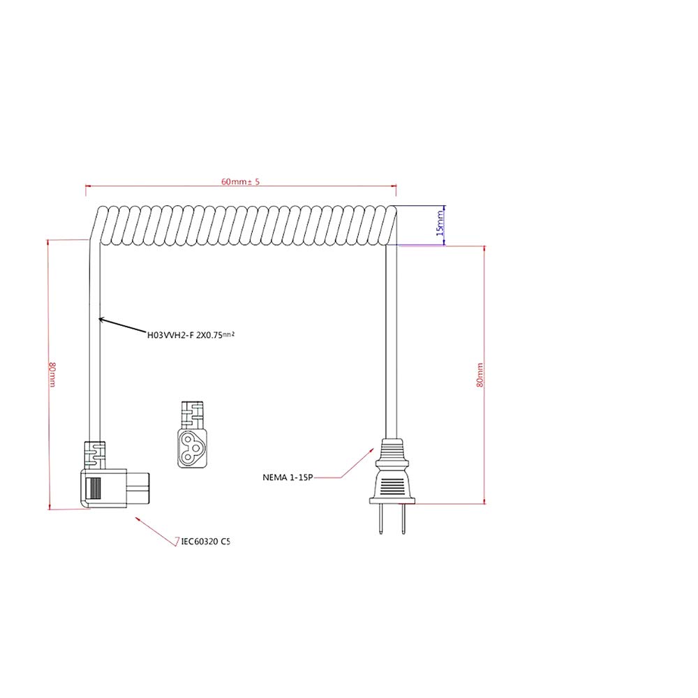 2-Slot Non-Polarized Power Cord (NEMA 1-15P) IEC 320 C5 Laptop Portable Power Short Retractable Cable Elbow Angled Design