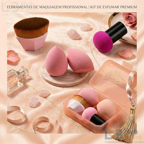 Kit Esponja e Pincel de Maquiagem Profissional com Estojo Kabuki Hexagonal Esponjas Gota 3D e Cogumelo para Base Corretivo Contorno Pó Blush Iluminador Acabamento Natural