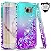 LeYi Compatible with Galaxy S6 Case with 2 Tempered Glass Screen Protector for Girls Women, Glitter Sparkle Diamond Quicksand Phone Case for Samsung Galaxy S6, Teal/Purple