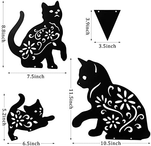 Steel cat garden stakes in a backyard setting, priced at $21.99.