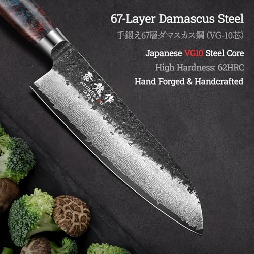 Japanese Chef Knife with VG10 Core, 7'' Razor Sharp Hand Forged Damascus Santoku Knife for Home & Professional Chefs, Kitchen Knives with Leather Sheath & Gift Box, Fathers Day Gift for Dad Husband