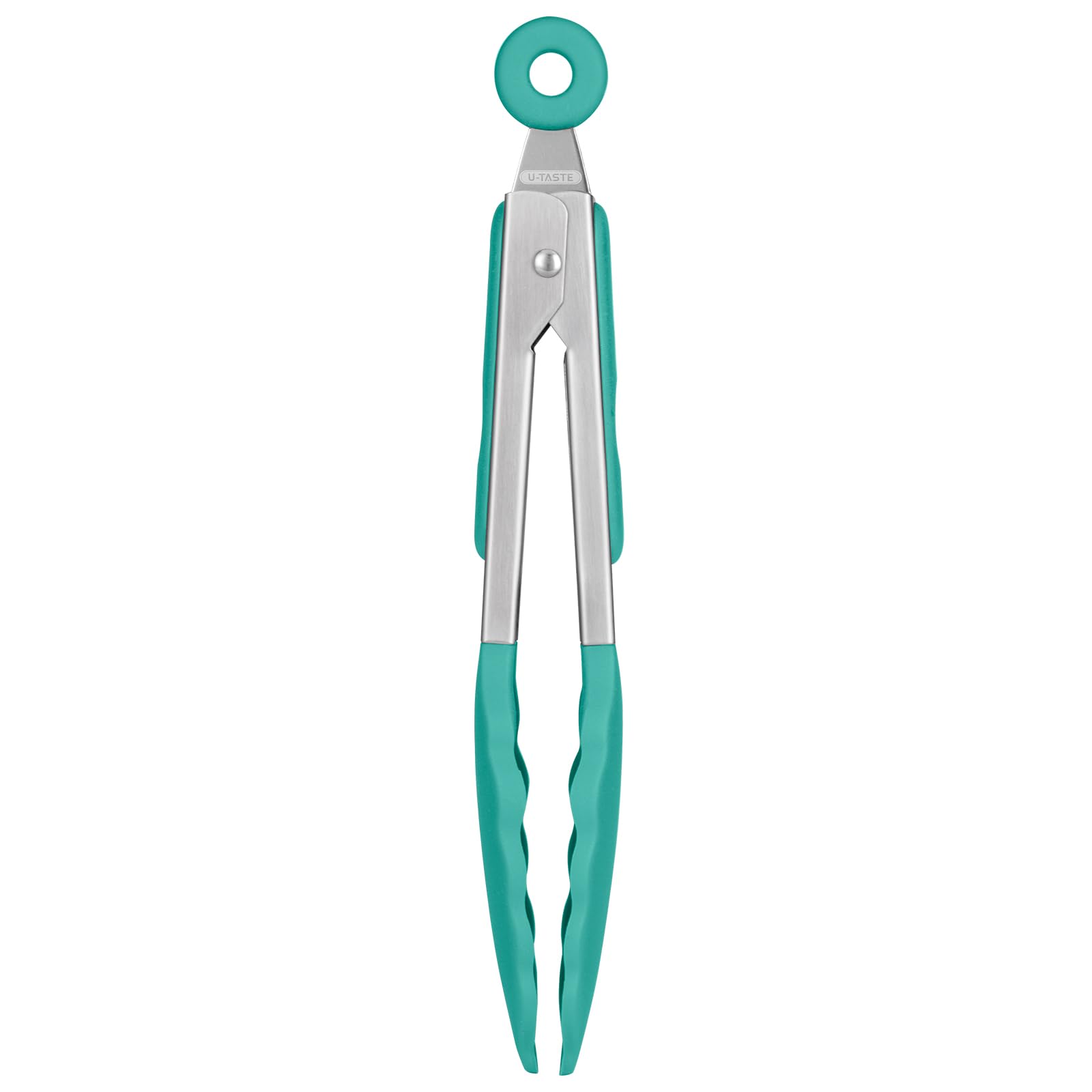 250℃ Heat Resistant Kitchen Tongs: U-Taste 18cm Silicone Cooking Tong with Firm Sealed Non Stick Silicone Tips & Silicone Coated 18/8 Stainless Steel Handle & Smooth Locking for Serving (Aqua Sky)