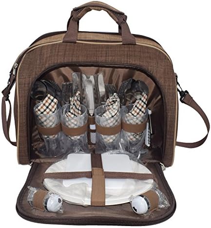 ABNII Picnic Backpack For 4 With Lunch Cooler Compartment Bag Basket Plates Cutlery Set Basket