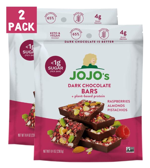 JOJO's Dark Chocolate Bars Raspberries Almonds Pistachios + PlantBased