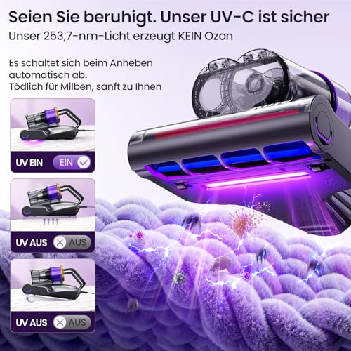 Mite Vacuum Cleaner for Mattresses with 18 kPa Suction Power, UV-C Light, 63°C Hot Air and 2 Brushes, Bed Vacuum Cleaner and Mattress Cleaner for Mattresses, Beds, Sofa