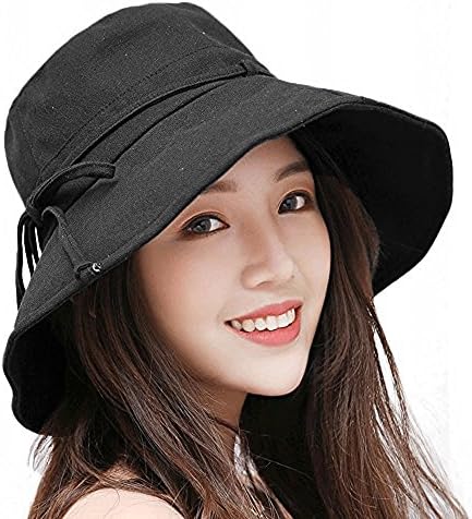 Summer Beach Sun Hat Anti-UV UPF 50+ Foldable Wide Brim Bucket Hat with Neck Cord for Women (Black)