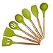 Wood Handle Silicone Spatula Utensil Set - 7 Natural Acacia Wood and Silicone Kitchen Utensils for Cooking - Nonstick Kitchen Gadgets - Heat Resistant Wooden Tools - Set includes Spoons, Spatula