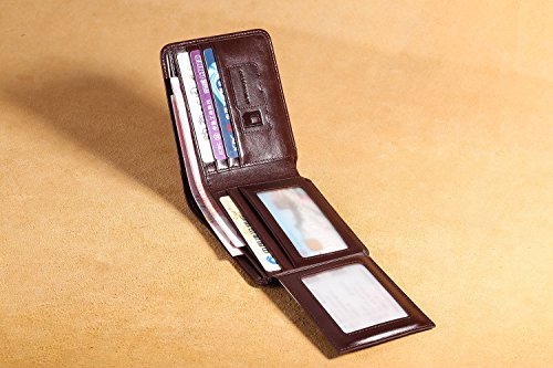MANBANG Men's Genuine Cowhide Leather Extra Capacity Bifold Wallet Coffee