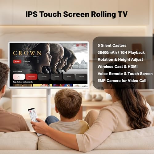VLH 32″ FHD Portable TV on Wheels, Rolling TV with 38400mAh Battery, Android 15 OS, EDLA-Certified, 8G+128GB, Touch Screen Television with Camera, Wireless Casting, Voice Remote Control