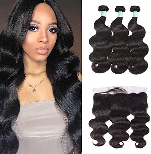 Brazilian Body Wave Hair With Frontal 3Bundles 8A Grade Unprocessed Virgin Hair With Ear to Ear Lace Frontal Closure Natural Color Hair Extensions（18 20 22+16inch Frontal）