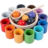 Toddmomy Balls and Cups Color Sorter Balls in Cups Montessori Toy Wooden Sorter Game Sorting and Counting Preschool Learning