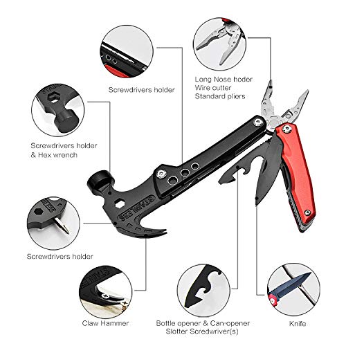 Hyperspace Multifunctional Hammer Multitool Pliers Set with Nail Puller Multipurpose Combination Tool for Camping, Hiking, Household and Emergency Escape Tools (Black & Red) - Thumbnail 2