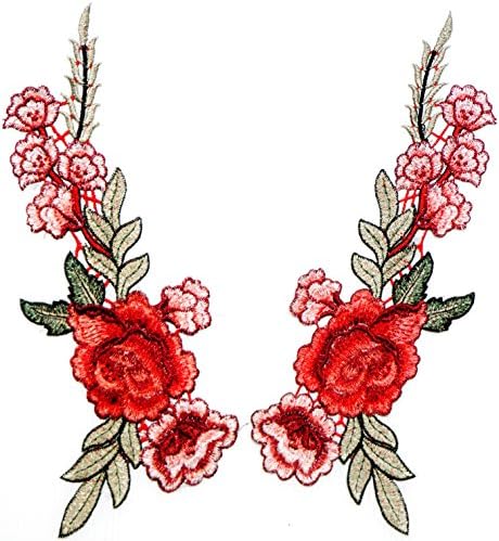 11" XXL Red Peony Rose wild Flower Vintage Sign Patch Sew Iron on Embroidered Applique T-shirt Jean Jacket Pants Decoration DIY Costume Accessories (left)