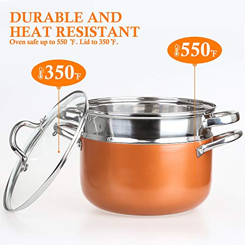 SHINEURI 6 Quart Stockpot with Lid, Nonstick Copper Casserole Pot with Stainless Steel Steamer Inset, Compatible for Induction, Gas, Electric & Stovetops - Dishwasher Safe, PFOA/PTFE Free