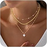 Hothty Gold Layered Charm Necklaces for Women, Dainty Stackable Simple Waterproof Choker Necklace Seashell Pearl Beach Necklaces Set Jewelry Gifts