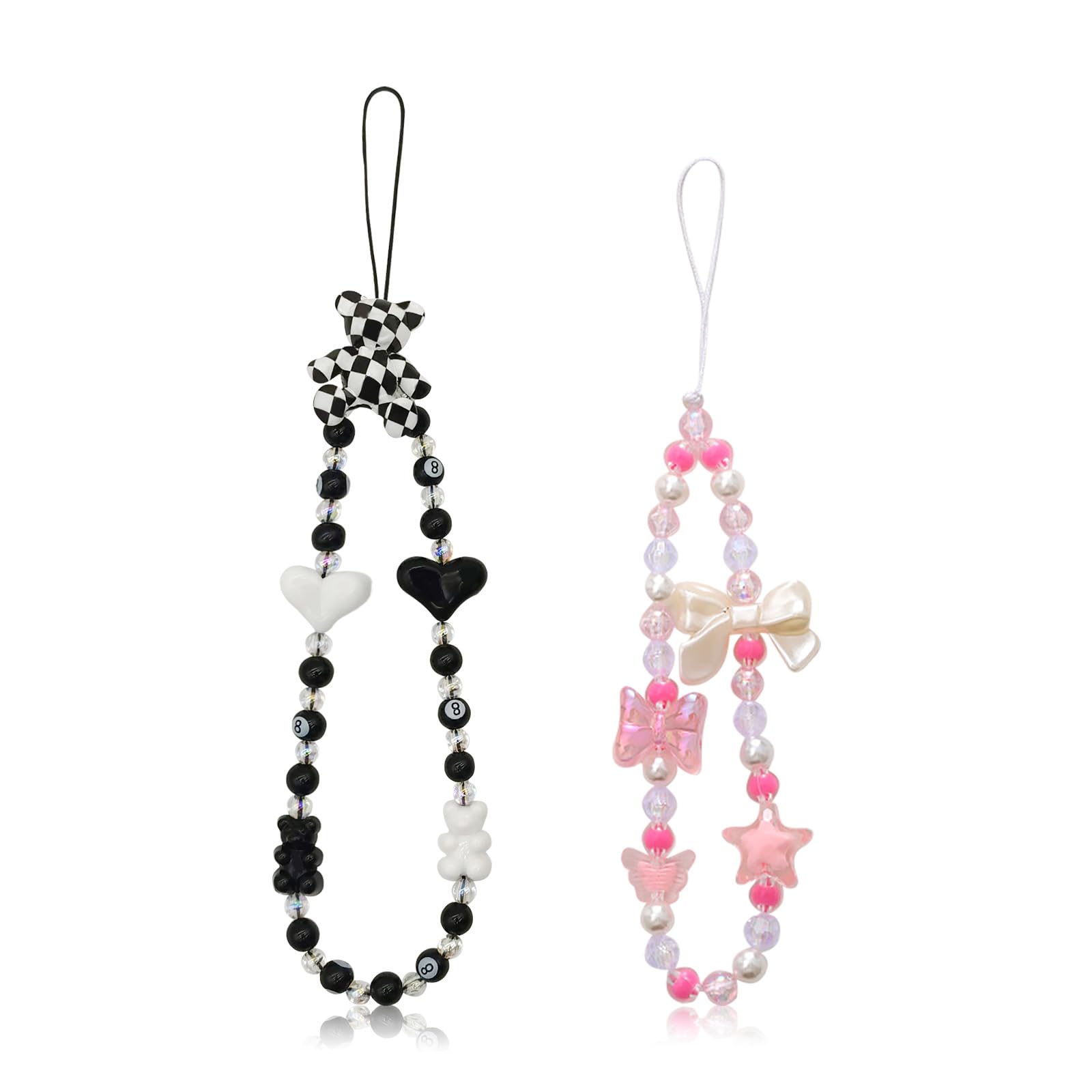 MultiValue 2 Pcs Mobile Phone Bow Beaded Charms, Crystal Flower Chain Wristband With Bling Lanyard for Women Girl