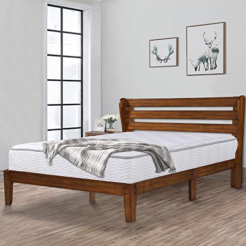 Ecos Living 14 Inch High Rustic Solid Wood Platform Bed Frame with Headboard/No Box Spring/No Squeak, Brown, Full