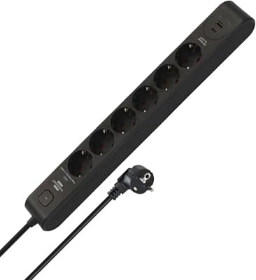 Regleta de enchufes Brennenstuhl de 6 tomas con USB y protección contra sobretensiones (regleta múltiple con 1x USB C PD 20 W para carga rápida y 1x USB A 20 W, interruptor, cable de 2 m) negro