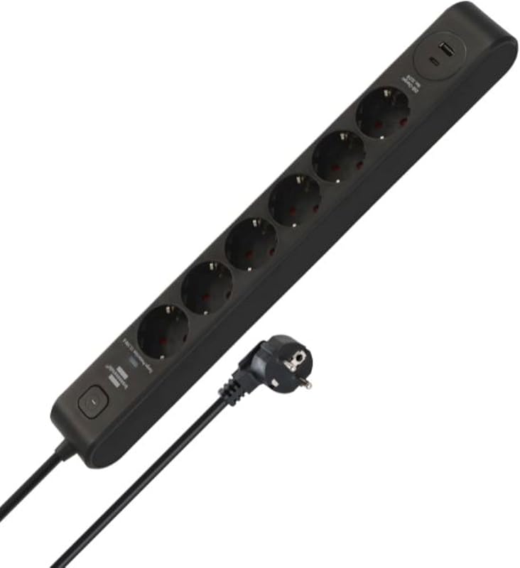 Regleta de enchufes Brennenstuhl de 6 tomas con USB y protección contra sobretensiones (regleta múltiple con 1x USB C PD 20 W para carga rápida y 1x USB A 20 W, interruptor, cable de 2 m) negro