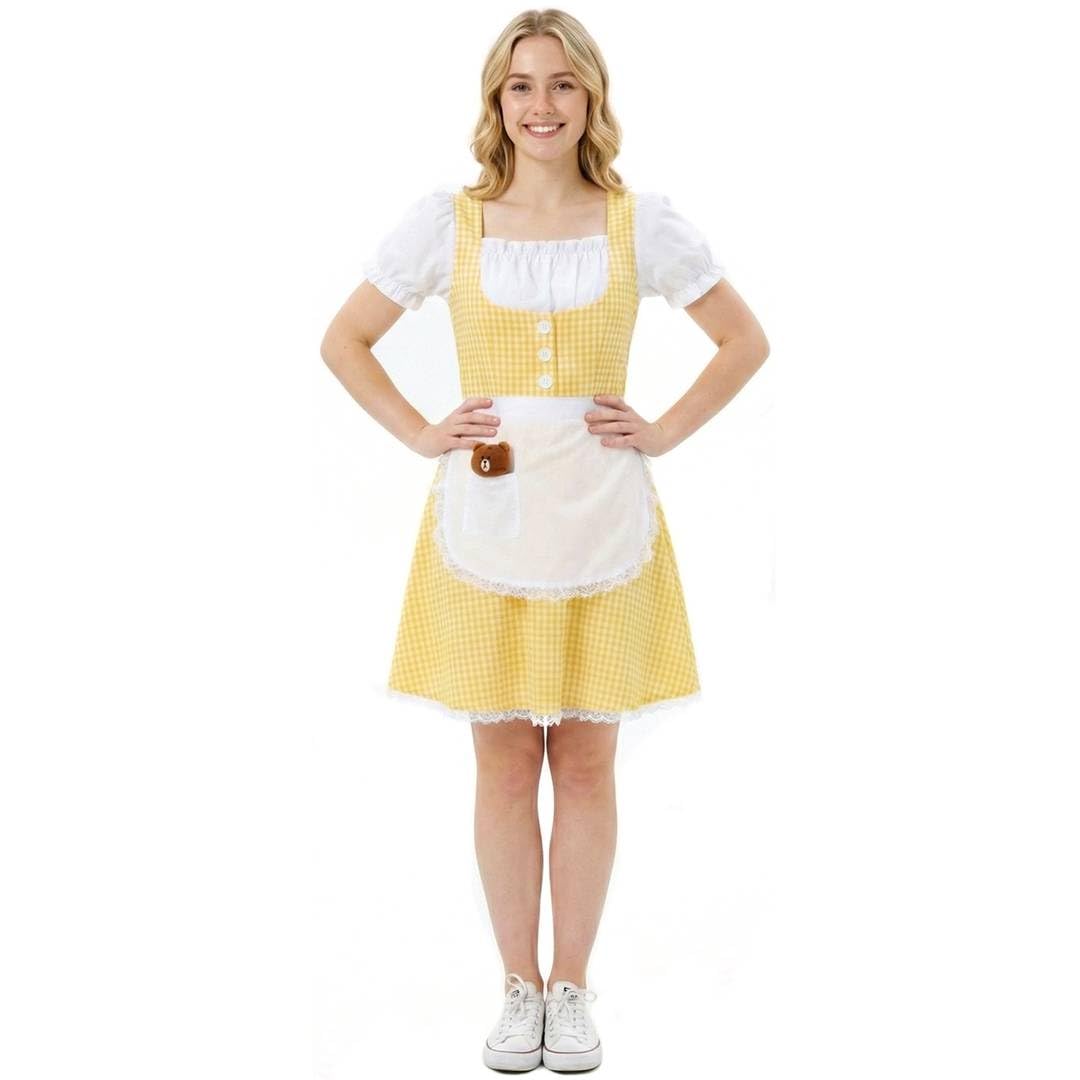 Porridge Girl Adults Costume - XLarge - Yellow Gingham Fairytale Dress with White Apron and Plush Bear Accessory - Classic Storybook Character Fancy Dress for World Book Day & Parties