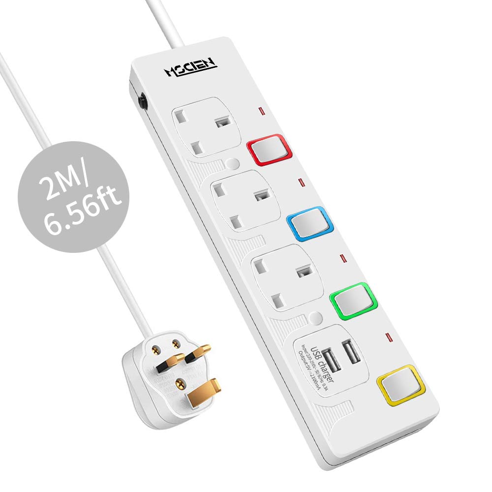 Mscien 3 Way Extension lead with 2 USB Individually Switched, 2M