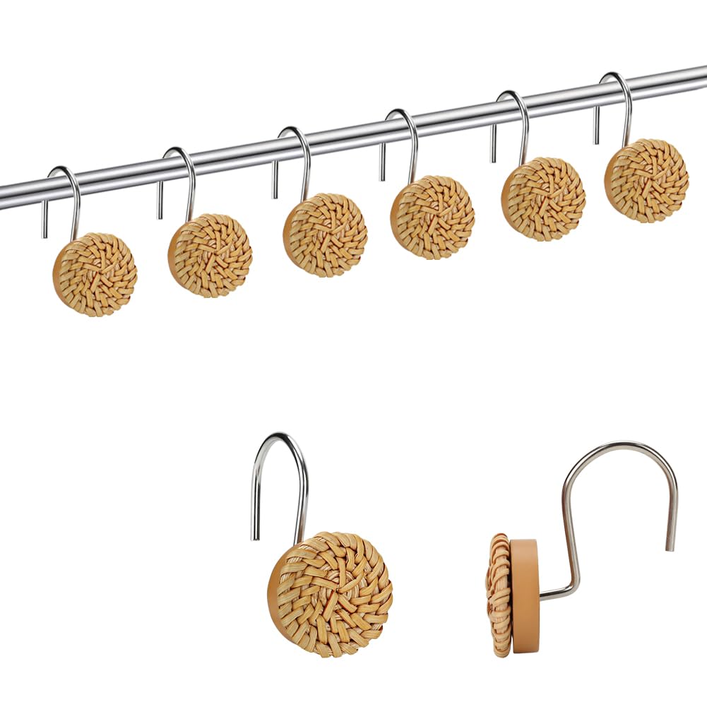 Photo 1 of 12 Pcs Boho Rattan Shower Curtain Hooks, Farmhouse Decorative Woven Wicker Shower Curtain Rings, Vintage Decorative Shower Hooks for Bathroom Shower Curtain Rods, Silver Hooks