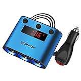 YAKER 12-24 Volt 3-Socket Cigarette Lighter Power Adapter DC Outlet Splitter with 3.1A Dual USB Car Charger and Car Battery Voltage Health Display Screen and 26 inch Cord(Blue)