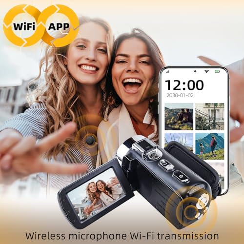 Flylin 4K HD Video Camera, 28X Digital Zoom Camcorder Vlogging Camera with Night Vision, WiFi 3” IPS Touchscreen Video Recorder for YouTube, Record Memories, Moments (Black)