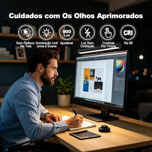 Luminária LED para Monitor com 3 Modos de Cor, Brilho Ajustável e Alimentação USB, Barra de Luz para Tela com Proteção Ocular, Sem Reflexo, Temperatura de Cor Regulável para Home Office
