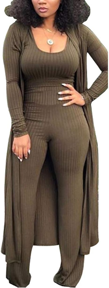 Women Cardigan 3 Piece Outfits Long Sleeve Coat Sexy Tank Vest Top Bodycon Floor Length Pants Sets Clubwear