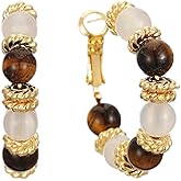 SIXFOX Tiger Eye Gemstone Earrings 14k Gold Plated Gold Hoop Earrings for Women White Agate Earring Fashion Jewelry Gift