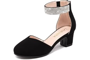 LAURMOSA Girls Dress Shoes with Rhinestone Ankle Strap Closed Toe High Heels for Little Big Kids Wedding Party