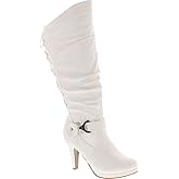 TOP Moda Womens Page-65 Knee High Round Toe Lace-Up Slouched High Heel Boots
