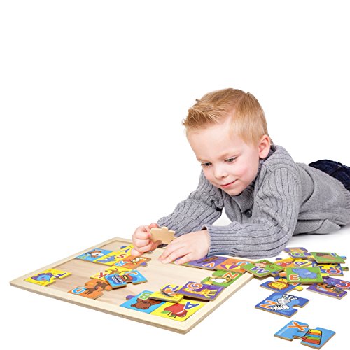 Wooden Alphabet Puzzle Board - Toddler Learning ABC Toy Smart Visual Game with 26 Large Size Pictures, Words and Letter Blocks for Kids Boys Girls Entertaining and Fun To Teach and Learn