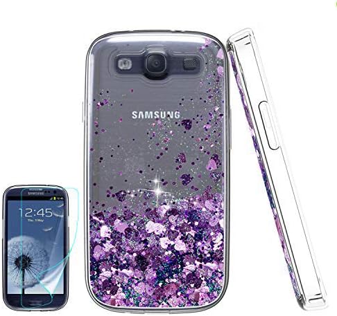 Galaxy S3 Phone Case, Galaxy S3 (S III I9300 GS3) Cases with HD Screen Protector for Girls Women, Luxury Glitter Diamond Quicksand Clear TPU Protective Phone Case for Samsung Galaxy S3 Purple