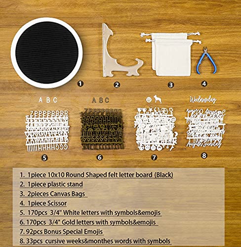 G GAMIT Round Felt Letter Board Message Sign - 10x10 inches Message Board with 465 Changeable White&Golden Letters,Numbers,Cursive Words and Stand for Party,Baby Announcement,Wedding,Pregnancy,Wall&Tabletop Decor (Black)