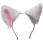 ccHuDE Cute Cat Ears Headband Long Fur Fox Ears Cosplay Headband with Bells Headwear Hairband for Party Costume Halloween Hairhoop White Pink