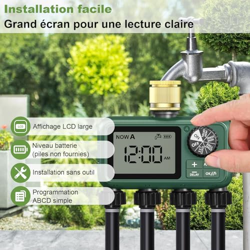 4 Way Water Timer with Brass Inlet, Large LCD Display, Automatic Watering for Garden, Programmable Irrigation, Simple Use, Rain Delay Manual Watering for Lawn