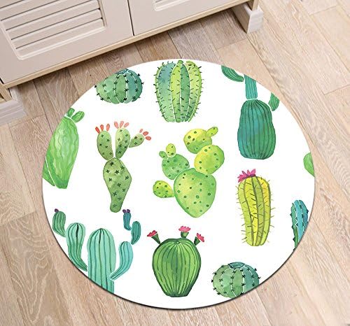 Watercolor Cactus Pattern Area Rugs, Cartoon Style Memory Foam Non-Slip Round Rug, Washable Living Room Bedroom Carpet Kids Playmat, Dia. 2'8''(80cm)